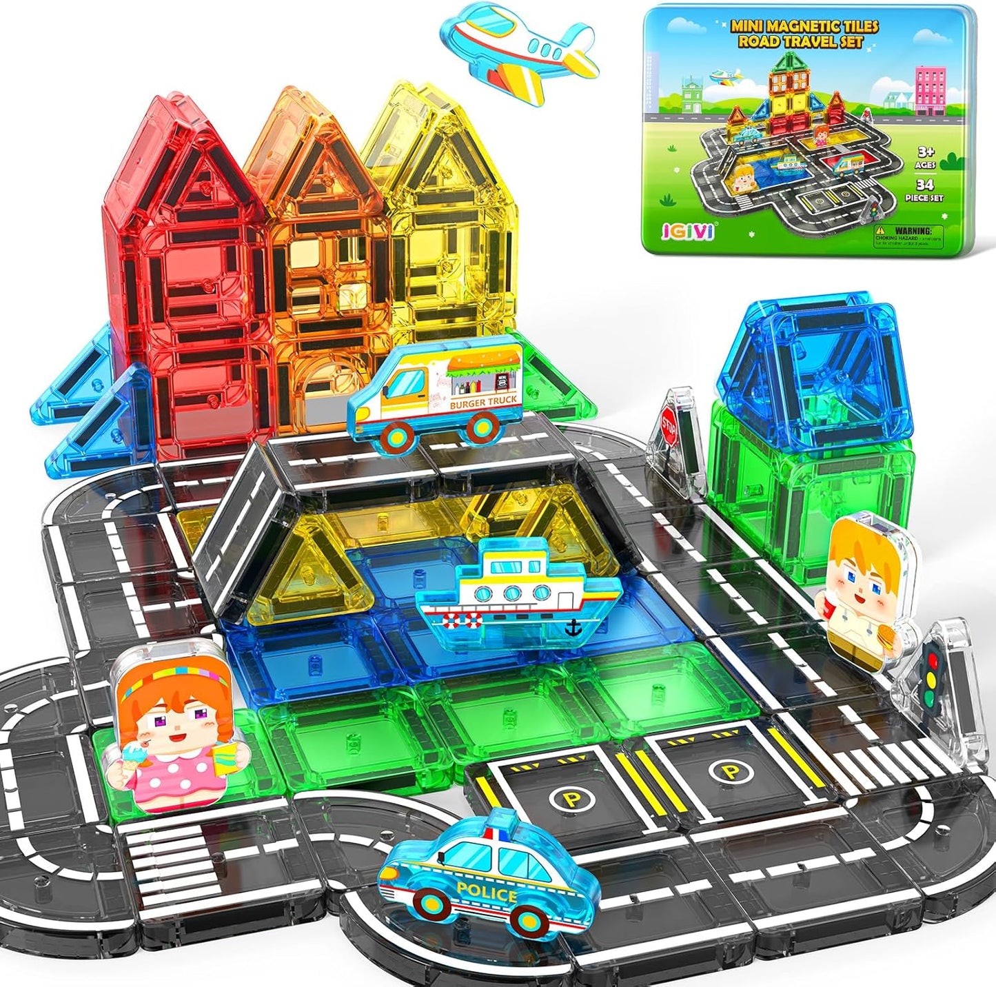 104 PCS Magnetic Tiles Road Set, STEM Construction Toys for Kids Ages 3-5 5-7 4-8, Magnet Building Blocks for Toddler Toys Games, Christmas Birthday Gifts for 3+ Year Old Boys Girls