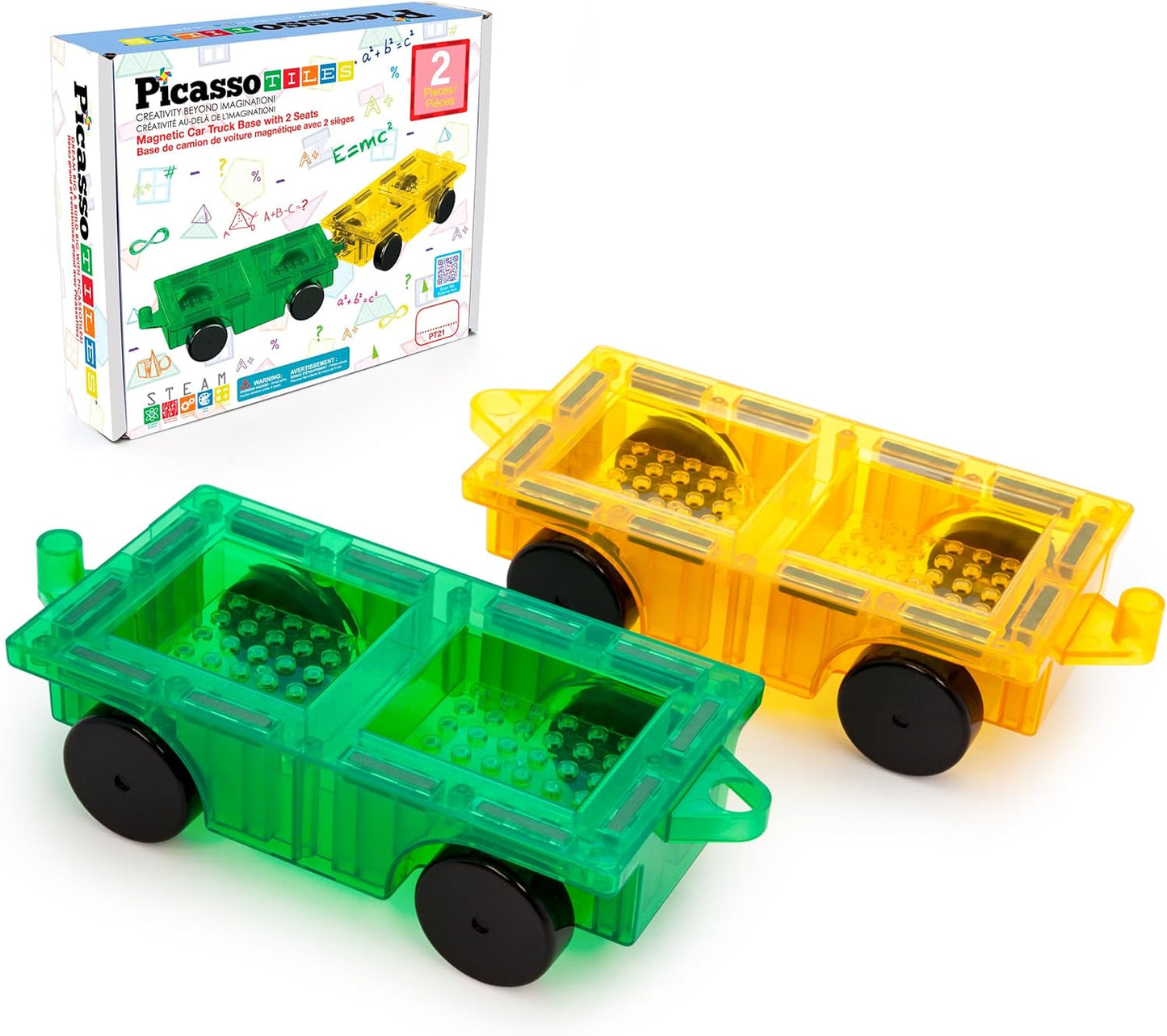 PicassoTiles 2 Piece Car Truck Construction Kit Toy Set Vehicle for Magnetic Blocks Building Tile Sensory Magnet Toys with Re-Enforced Hitch & Long Bed Educational Puzzle Girls Boys Toddlers Ages 3+