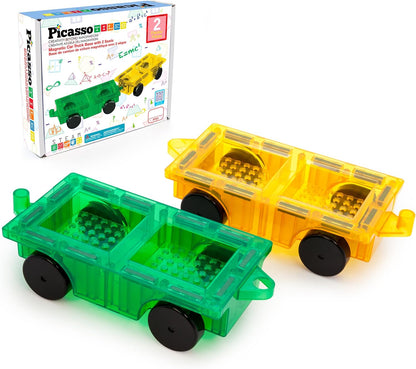 PicassoTiles 2 Piece Car Truck Construction Kit Toy Set Vehicle for Magnetic Blocks Building Tile Sensory Magnet Toys with Re-Enforced Hitch & Long Bed Educational Puzzle Girls Boys Toddlers Ages 3+