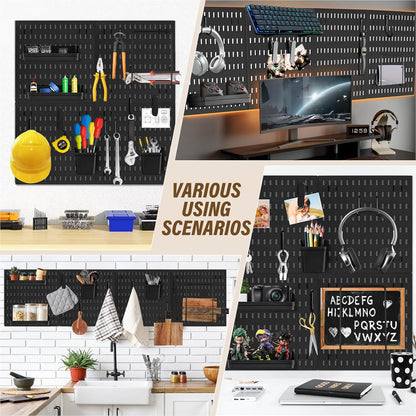 AKTOP Peg Board Wall Organizer 4-Pack – 12"x12" White Pegboard Combination Kit with 13 Accessories for Wall, Plastic Peg Board Panels for Home, Office, Garage Tool Storage & Craft Room