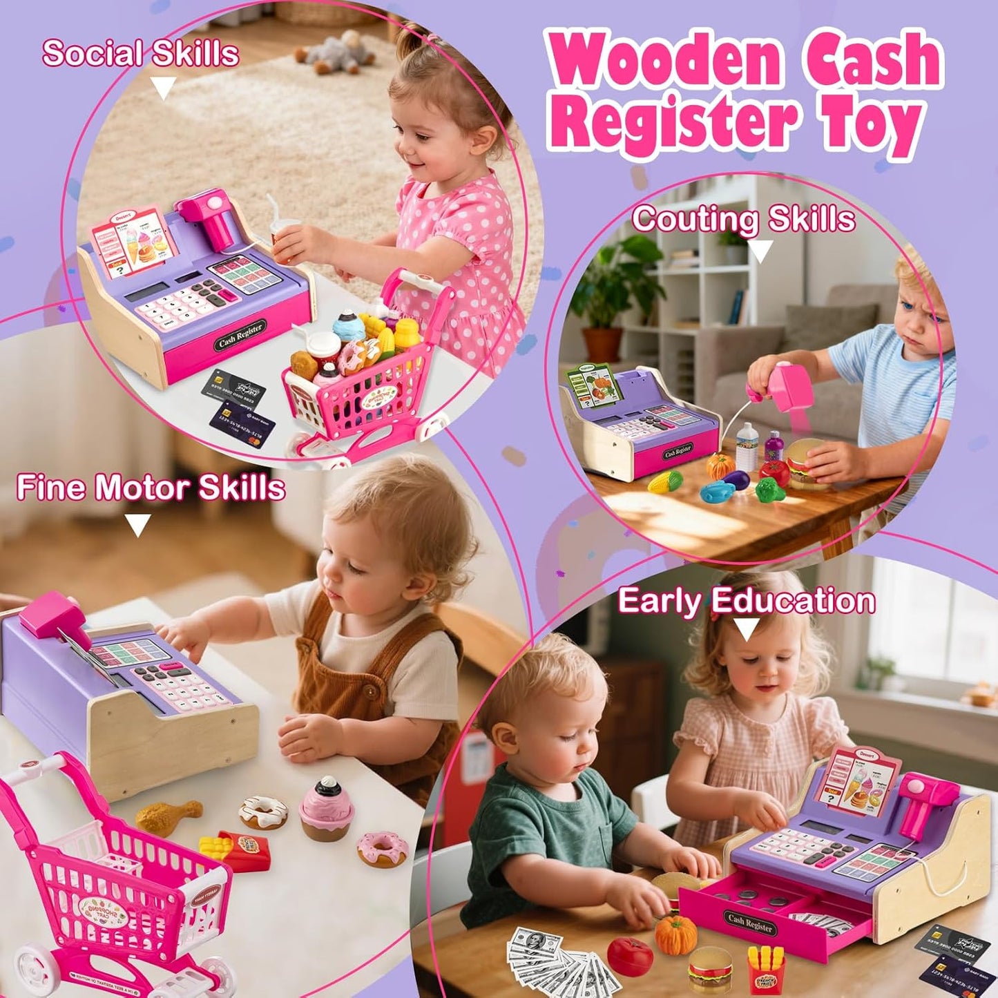 Wooden Cash Register for Kids with Shopping Cart Rechargeable Kid Cash Register with Scanner Gift for Kid Age 3 4 5 6 7 8 9 Year Old Pretend Play for Toddlers Toys for 3-12 Year Old Kids