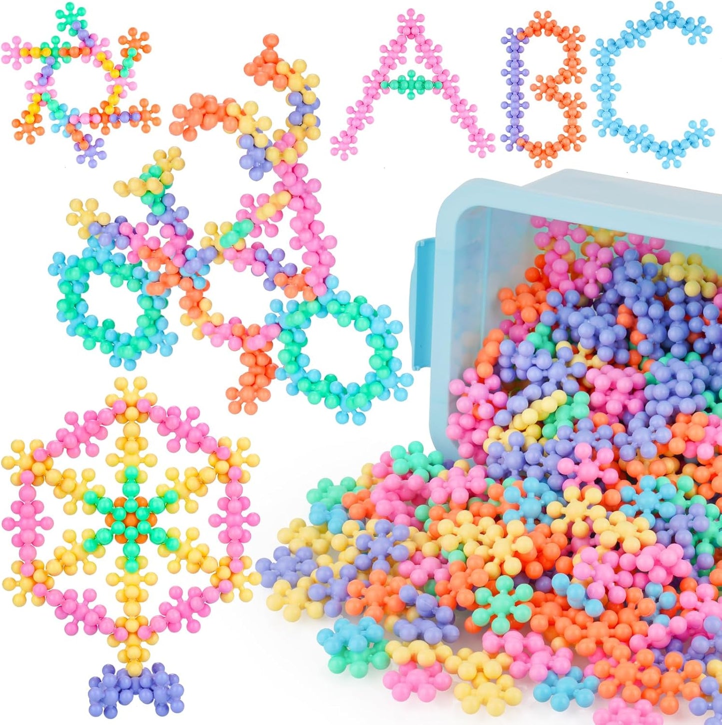 Snowflake Interlocking Building Block Educational Toy 300PCS for Kids Ages 3+, Multi-Color Solid Plastic Early Learning Creativity STEM Toy with Carrying Case Safe Material