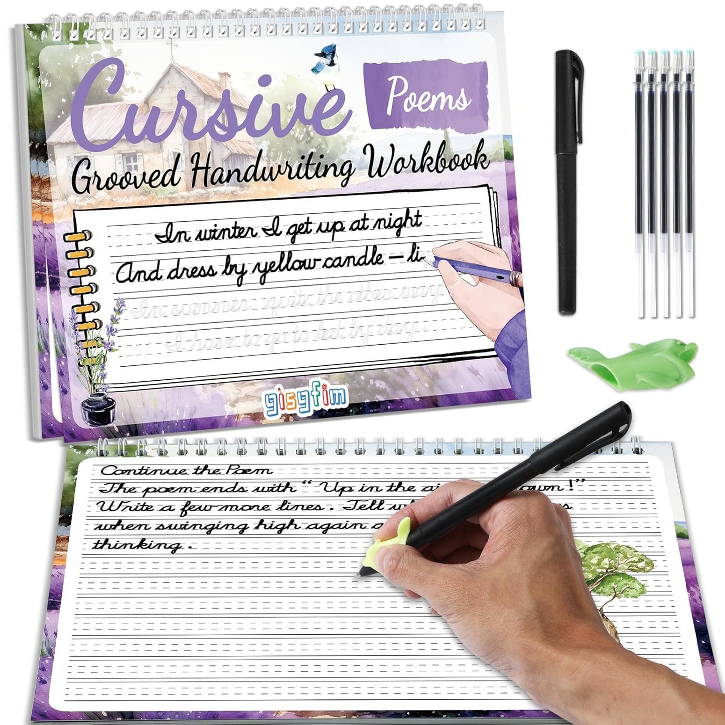 gisgfim Grooved Cursive Handwriting Workbook Magic Reusable Grooved Cursive Handwriting Practice Guided Tracing with Disappearing Ink Pens for Beginners Kids Learning Activities Supplies (Sentence)