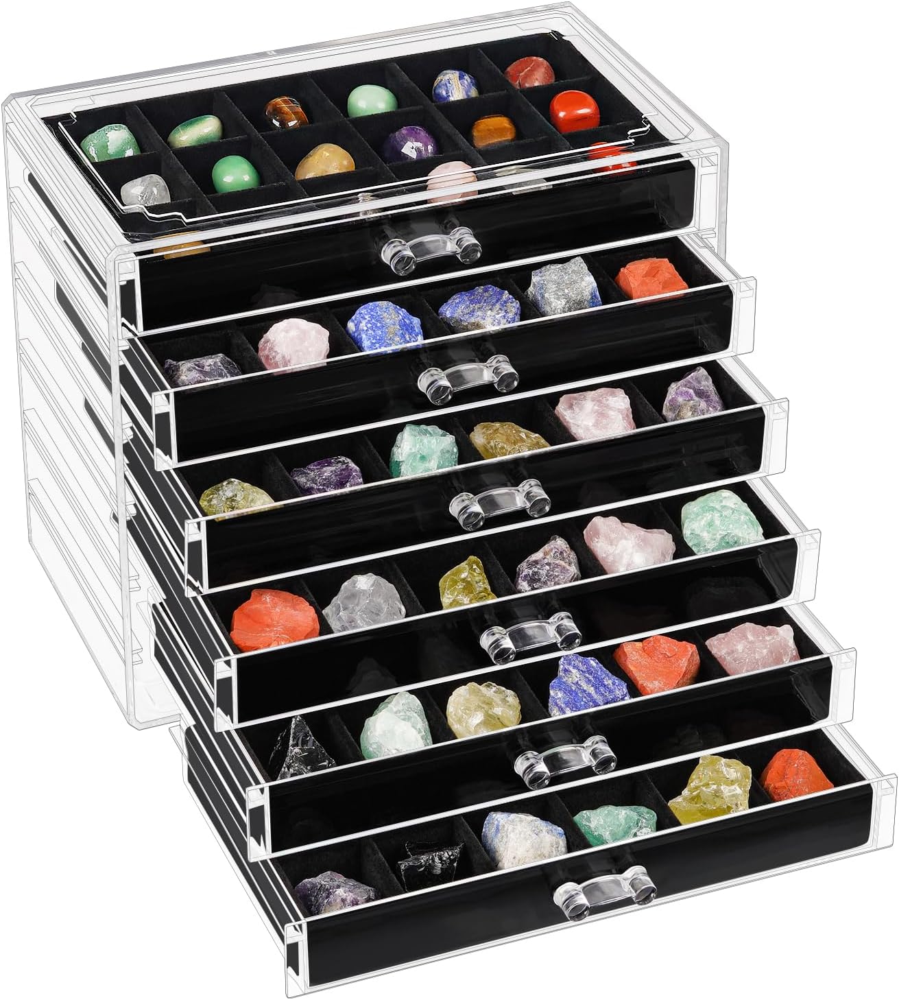 Bfttlity Acrylic Rock Display Case,54 Grids Rock Collection Box for Kids with Mini Magnifying Glass and Gloves, Clear Display Cases for Stones Collectibles Gemstone Crystals Storage Boxes