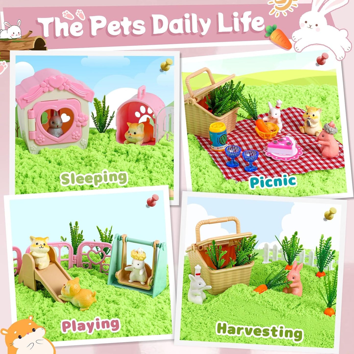 KNASON Rabbit and Hamster Sensory Bin,Play Sand Kit for Girls and Boys with 2.2lbs Sensory Sand and Box,Pet Sandbox Toys Role Pretend Play Beach Toy Birthday Present for Toddler Ages 3 4 5 6 7 8