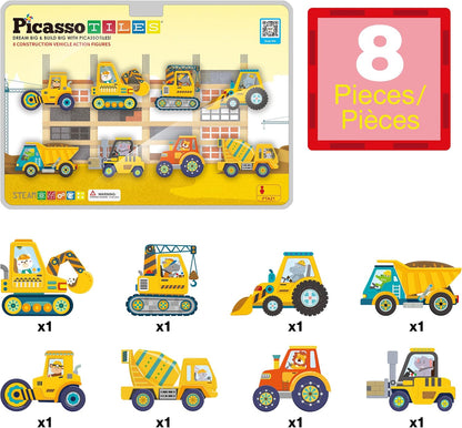 PicassoTiles Magnetic Tile Building Blocks Add On 8 Magnetized Action Figures Construction Vehicles & Zoo Animal Theme Compatible with Magnet Tiles Sets STEM Learning Toy for Boys & Girls Age 3+ PTA21