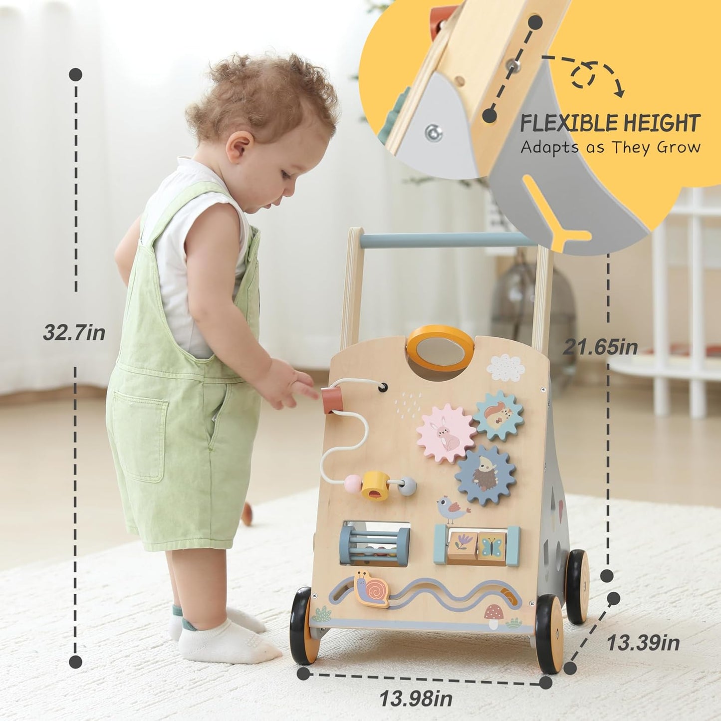 Wooden Baby Push Walker and Toddler Pull Learning Activity Toy - Develop Motor Skills & Creativity - Multiple Activities Center for 1-3 Years Old Boys and Girls