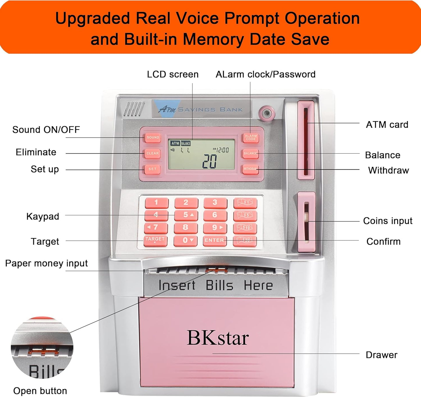 BKstar ATM Piggy Bank for Kids - Talking Electronic Money Bank with Debit Cards & Digital Coin Counter for Real Money, Boys Girls