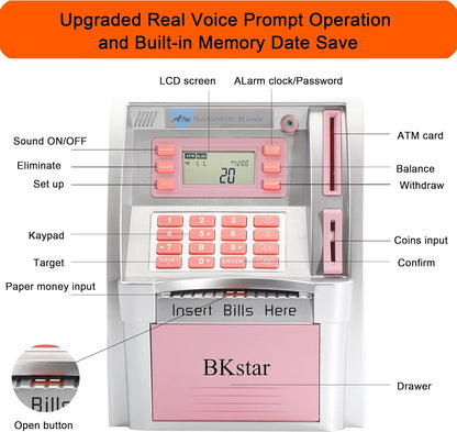 BKstar ATM Piggy Bank for Kids - Talking Electronic Money Bank with Debit Cards & Digital Coin Counter for Real Money, Boys Girls