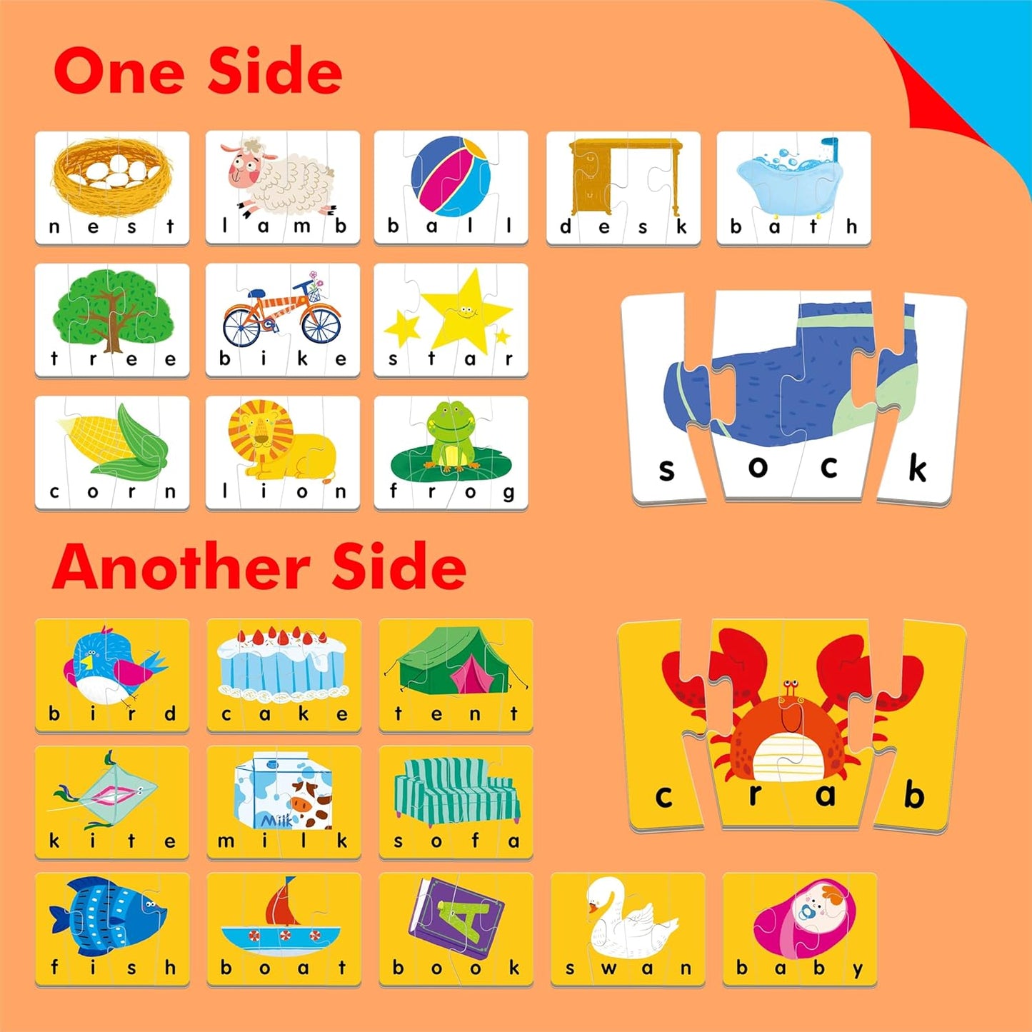 72 Word Spelling Puzzles with Error-Correction Mechanism in 3 Pieces, Perfect for Preschool Learning (36 Block Double Sided)