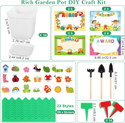 Elcoho 36 Set Garden Plastic Pot Craft Kit Plant Spring Craft Kits for Kids Flower Pots with 150 Foam Stickers 36 Labels 24 Certificate of Awards 3 Tools Planting Growing Kit for Kids, Mixed Colors