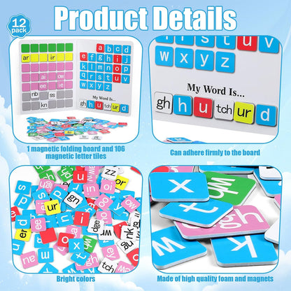 Ireer 6 Set Phonics Magnetic Letter Tiles Set Spelling Reading Games Board Manipulative Phonemic Awareness Sentence Building Alphabet ABC Fridge Magnets Homeschool Classroom Learning Activity