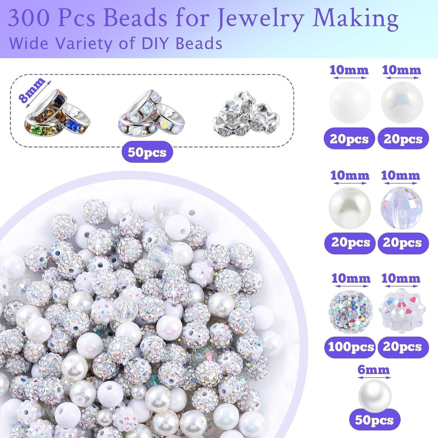 300 Pcs Diamonds Beads for Jewelry Making, Included 10 mm Red Rhinestone Beads for Bracelets, Bubblegum Bead for Pen Making, Pearl and Spacer Bead for Bracelet Necklace Earring Crafting