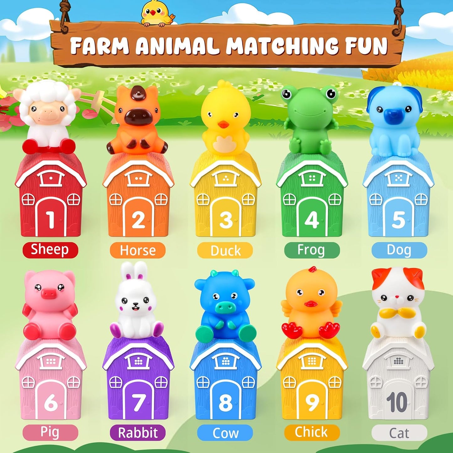 Montessori Toys for Toddlers 1 2 3 Years Old, Farm Animal Train Set with Counting Matching Sorting Activities 9 Barns, 10 Finger Puppets, 2 Stickers-Learning Toys for Baby Boys Girls, Preschool Gift