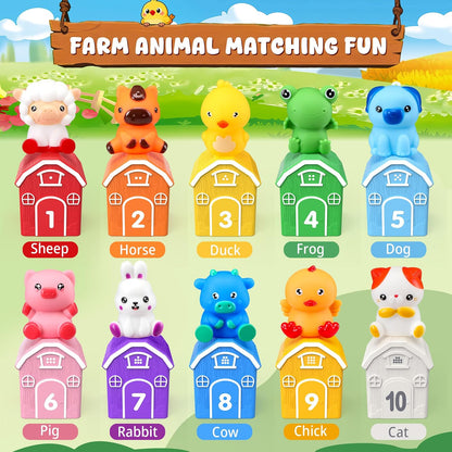 Montessori Toys for Toddlers 1 2 3 Years Old, Farm Animal Train Set with Counting Matching Sorting Activities 9 Barns, 10 Finger Puppets, 2 Stickers-Learning Toys for Baby Boys Girls, Preschool Gift