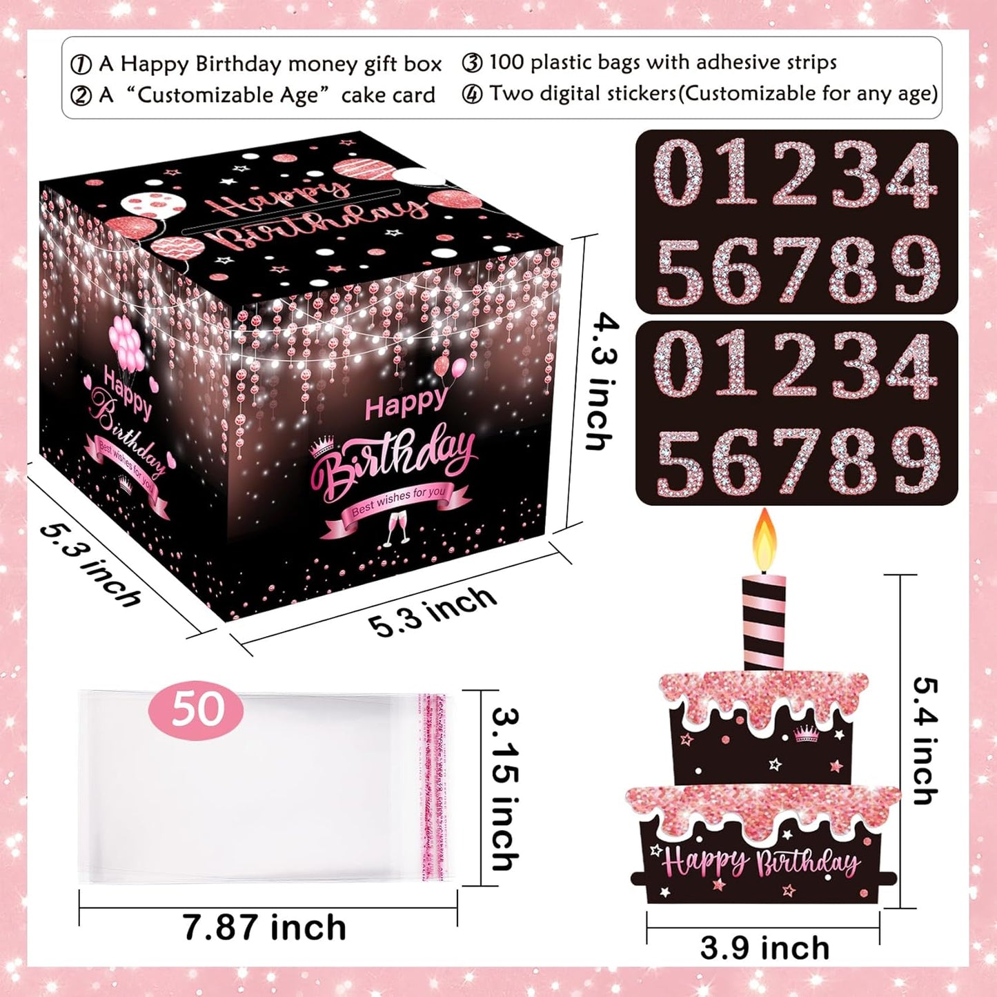 Birthday Money Box for Cash Gift Pull, Surprise Gift Boxes for Money, Money Holder Box with Pull Out Happy Birthday Card and 50Pcs Transparent Bags, Money Gift Ideas for Kids and Adults