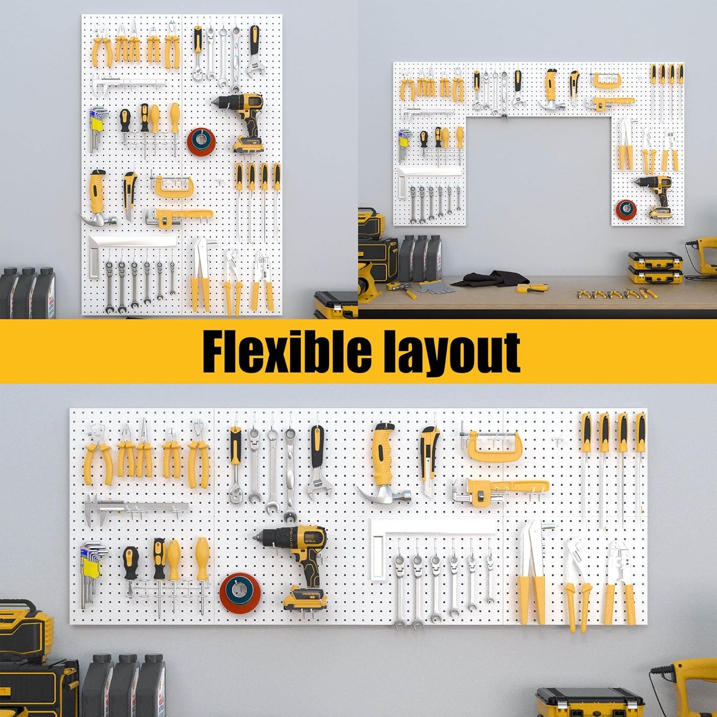 Spampur Peg Board, 4 Pack Metal Pegboard Panels with 50 Hooks, Black Pegboards Wall Organizer, Heavy Duty Peg Board for Walls Home, Garage Tool Storage, Office Organization, Craft Room, Kitchen