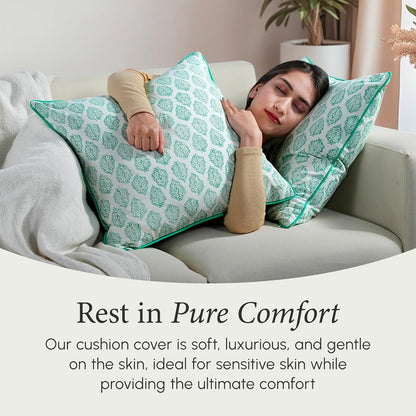 CPC 100% Cotton Throw Pillow Covers 18x18 Inch, Set of 2 Green Block Print Pattern Couch Pillow, Cute Boho Decorative Pillows for Living Room, Bedroom with Hidden Zipper- Agate Green