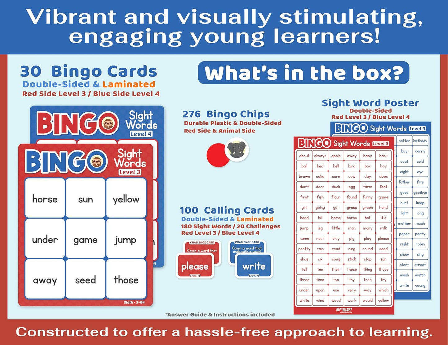Bright Seed Sight Words Bingo Game for Kindergarten, Learn to Read Sight Word Cards, Word Games for Kids Ages 4-8, Bingo Sight Words Level 3&4, Laminated for Easy Clean