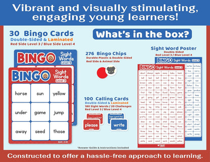Bright Seed Sight Words Bingo Game for Kindergarten, Learn to Read Sight Word Cards, Word Games for Kids Ages 4-8, Bingo Sight Words Level 3&4, Laminated for Easy Clean