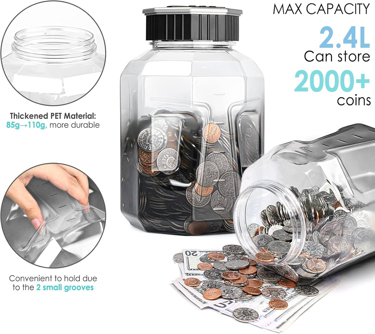 X-Large Piggy Bank for Adults Kids, Vcertcpl Digital Coin Counting Bank with LCD Counter, 2.4L Capacity, Great Coin Counter Bank Money Counting Jar with Total Amount Displayed, Bank for All US Coins