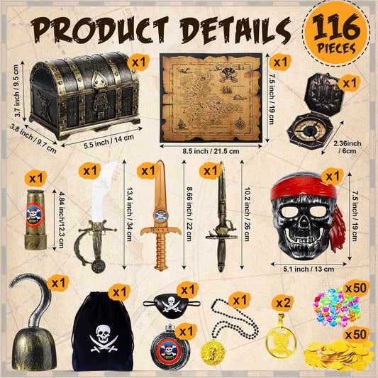116 Pieces Pirate Treasure Toys, Pirate Treasure Box with Coins Jewels Gems and Pirate Map Compass Telescope for Boy Girl Halloween Cosplay Props Pirate Theme Party Decoration Favor (Cute Style)