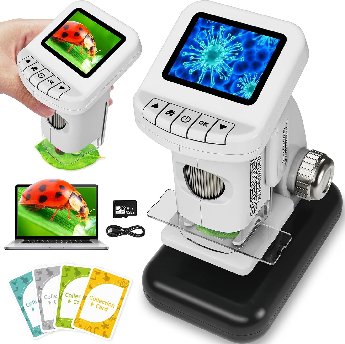 Rechargeable Digital Microscope for Kids 1200X - 2'' LCD Screen STEM Toy with 32G SD Card for Photo/Video, Portable Pocket Microscope for Boys Girls Ages 6,7,8-12, Science Kit Gift Birthday Christmas