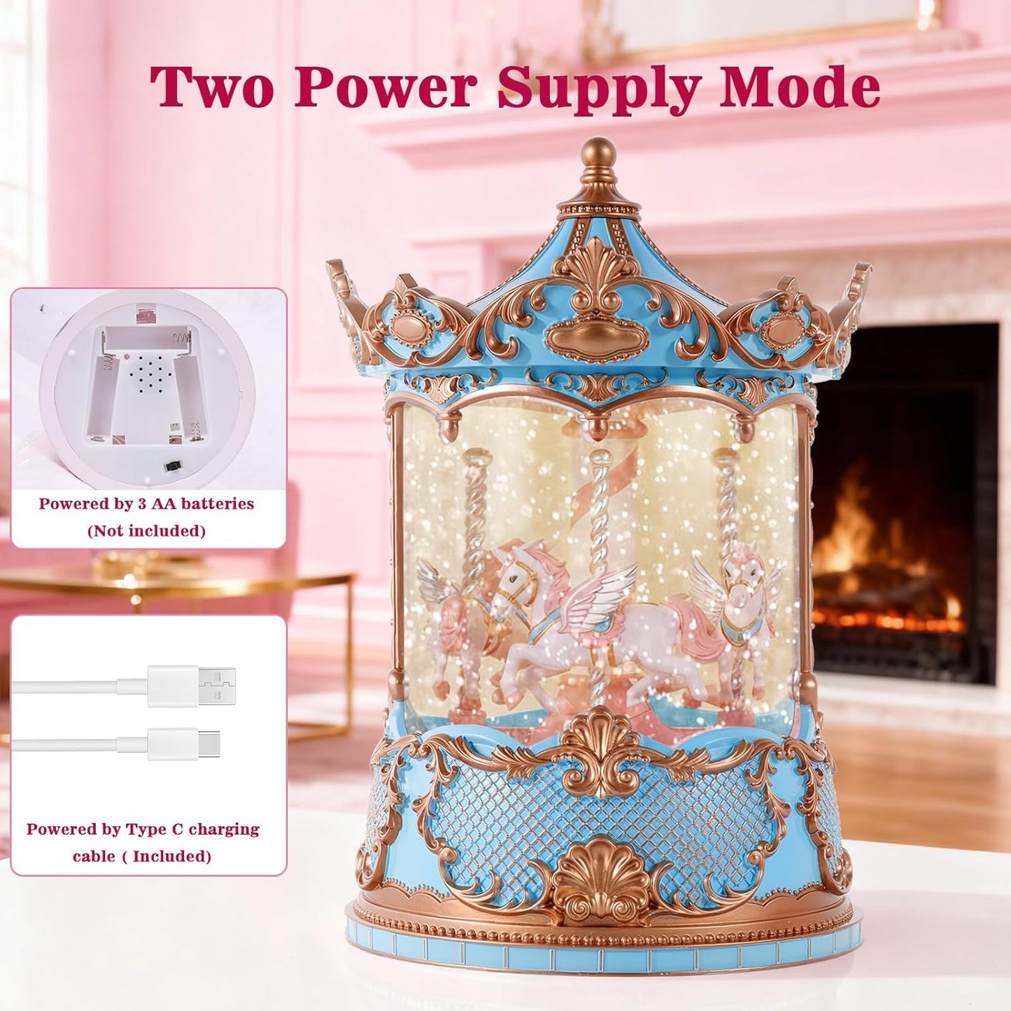 Gifts for Mom Pink Carousel Horse Snow Globe Music Box with Rotating Horses Musical Unicorn Snow Globe with Glitter for Girls, Women, Mom, Birthday Gifts Home Decorations (Pink Silver Carousel)