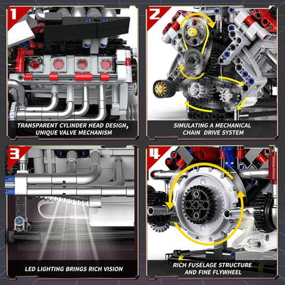 V8 Engine Model Kit that Run, 8-Cylinder Car Engine Building Blocks Set, Build Your Own STEM Engineering Kit that Work with LED Light and APP Control, Collections Set for Age 8+/Kids/Adults (700 PCS)