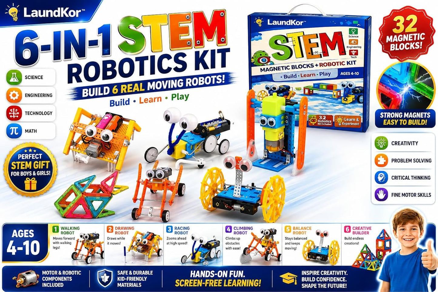 6-in-1 STEM Robotics Kit for Kids 6-12 – Build 5 Real Moving Robots + 32 Magnetic Blocks, Engineering Science Toy with Tools, Educational Gift Set for Boys & Girls