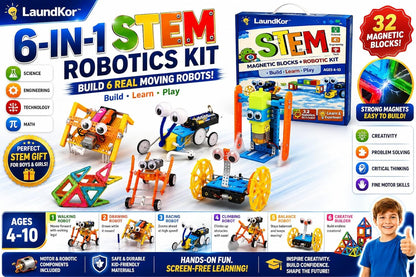 6-in-1 STEM Robotics Kit for Kids 6-12 – Build 5 Real Moving Robots + 32 Magnetic Blocks, Engineering Science Toy with Tools, Educational Gift Set for Boys & Girls