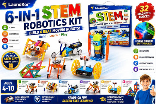 6-in-1 STEM Robotics Kit for Kids 6-12 – Build 5 Real Moving Robots + 32 Magnetic Blocks, Engineering Science Toy with Tools, Educational Gift Set for Boys & Girls