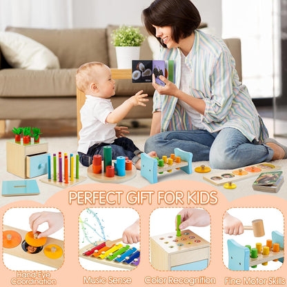 WOODMAM Montessori Toys for Babies 7-12 Months, 9 in 1 Educational Wooden Toys Set, Includes Object Permanent Box, Stacking Cups, Mirror Puzzle, Ring Stacker and More