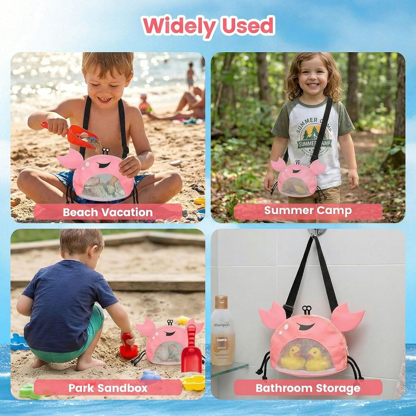 AMOR PRESENT Mesh Baby Beach Bag, Shell Collecting Bag with Shovel Crab-Shaped Adjustable Strap for Holding Shell Sea Pool Sand Toy, Blue