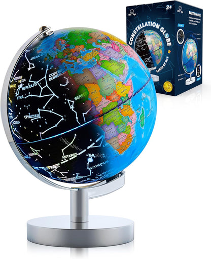 USA Toyz Illuminated Globe for Kids Learning- 3-in-1 STEM Globes of the World with Stand, Constellation Map, Built-in LED Night Light Desk Globe Lamp, Non-Tip Metal Base, 9.75” Tall, 7 Inch Diameter