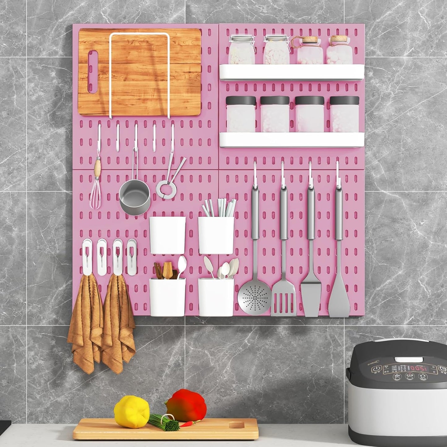 Peg Board Combination Kit, 4 Pegboards with 20 Accessories, Pegboard Wall Organizer for Office, Nursery & Home Storage, Key Holder, 25.6"x25.6" – Nail-Free Installation（White）