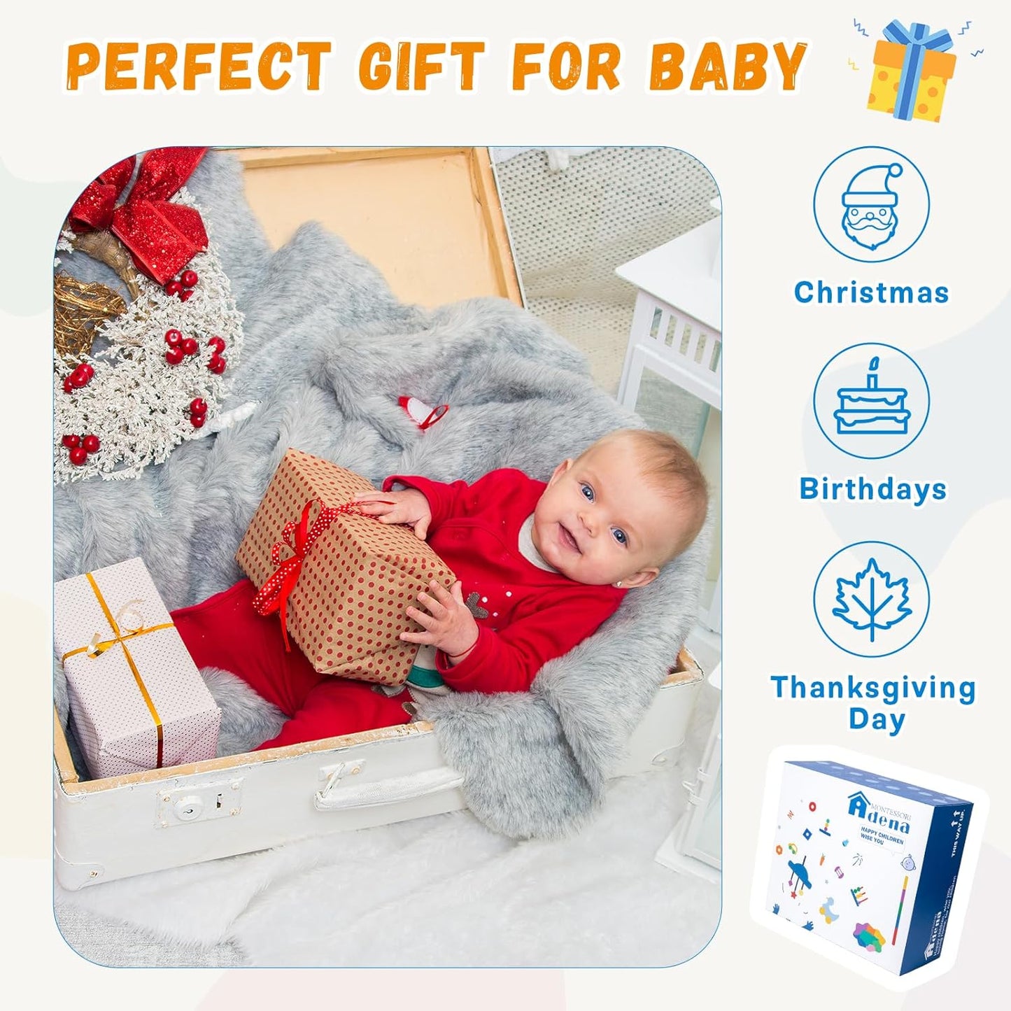 Adena Montessori Play Kit for 3-4 Months Baby,8 in 1 Wooden Learning Educational Toys for Toddler,Include Framed Mirror Book,High-Contrast Cards and More,Christmas Birthday Gift for Boys Girls