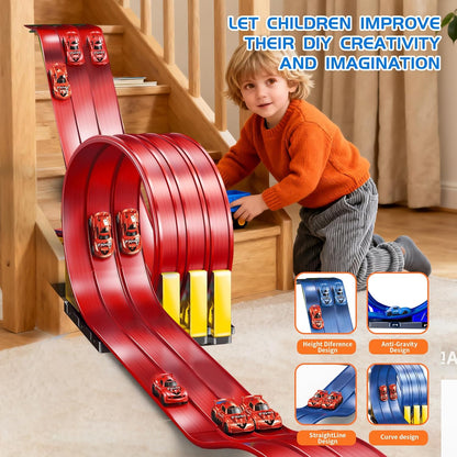 16.5ft Build Anywhere Portable Race Track with Suction Cups - Flexible Roll-Up Design Fits 1/64 Scale Cars, Portable Toy Gift for Kids 4+ Year Old (3 Tracks/Red)