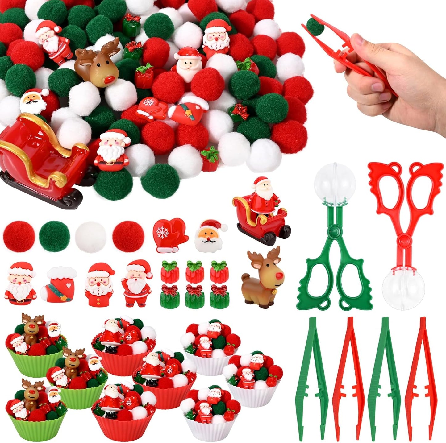 203 Pcs Christmas Sensory Bin Fillers Santa Fine Motor Skills Christmas Sensory Bin Item Pompoms Cups Tweezers Scissor Clips for Activities Sorting Counting (Style 1)