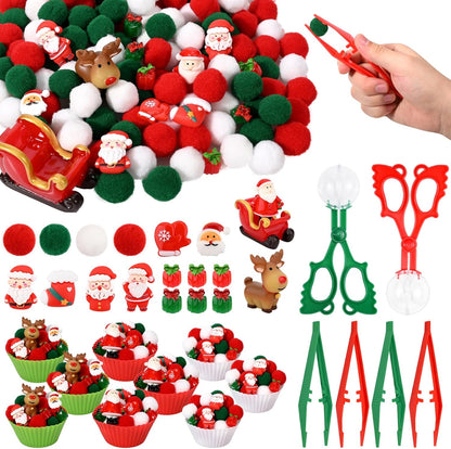 203 Pcs Christmas Sensory Bin Fillers Santa Fine Motor Skills Christmas Sensory Bin Item Pompoms Cups Tweezers Scissor Clips for Activities Sorting Counting (Style 1)