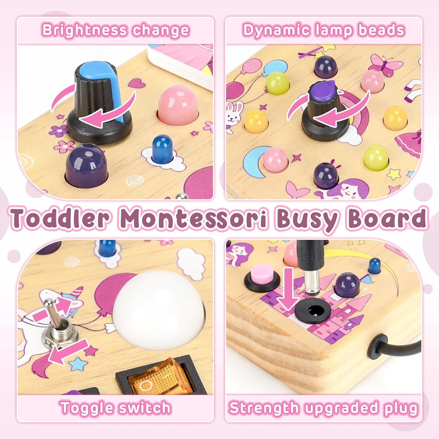 Joyreal Busy Board with 19 LED Lights and 10 Switches, Montessori Toys for 1 2 3 Year Old, Wooden Sensory Activity Board for Toddlers, Travel Toys for Toddler 1-3 Plane Car, Birthday Gifts for Girls