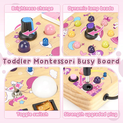 Joyreal Busy Board with 19 LED Lights and 10 Switches, Montessori Toys for 1 2 3 Year Old, Wooden Sensory Activity Board for Toddlers, Travel Toys for Toddler 1-3 Plane Car, Birthday Gifts for Girls