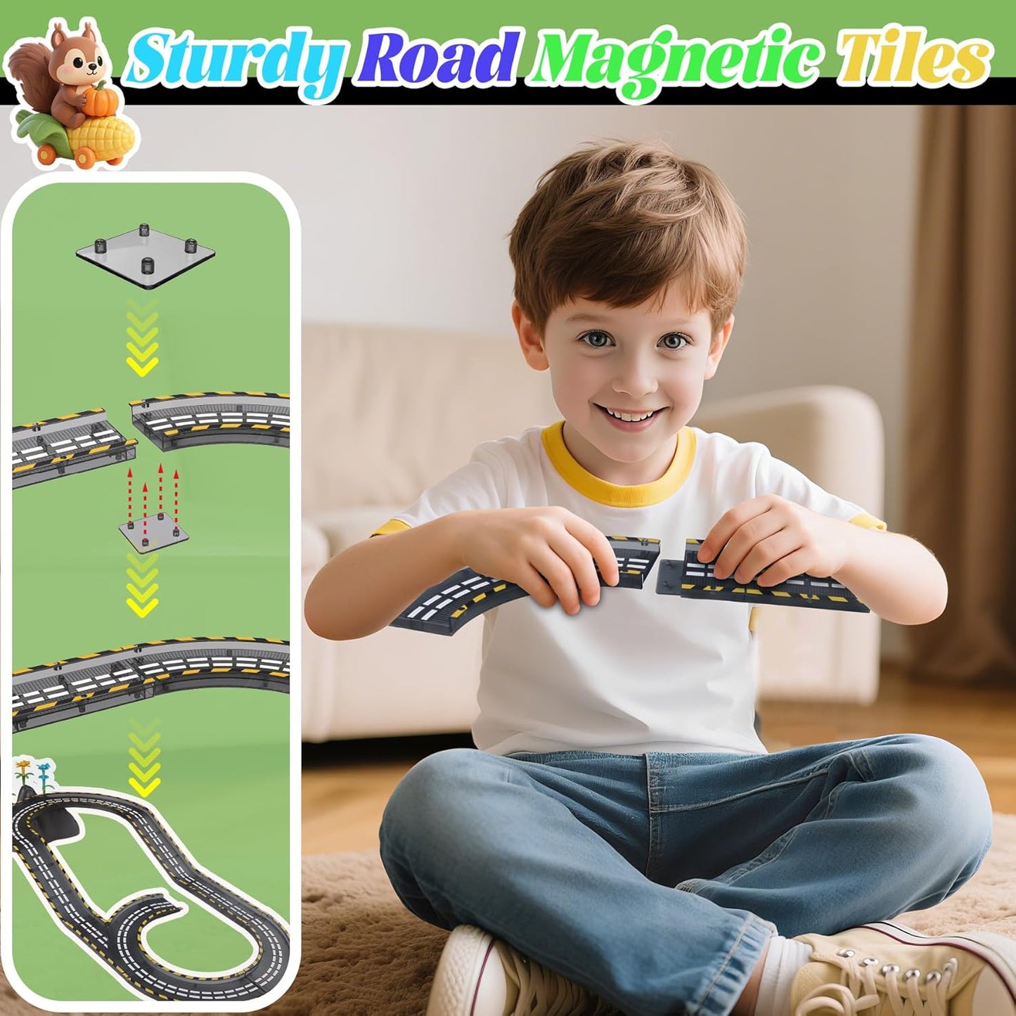 150PCS Magnetic Tiles Road Set with Marble Run, Preschool Magnet Tiles Included Magnetic Cars. STEM Magnetic Tiles for Kids, Preschool Educational Building Toys for Boys & Girls