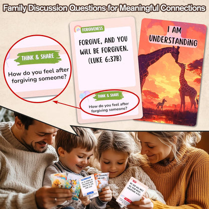 Christian Biblical Affirmation Cards for Kids - 52 Themed Scripture Cards with Family Discussion Questions | Daily Devotional & Bible Memory Tool | Inspirational Faith Gifts
