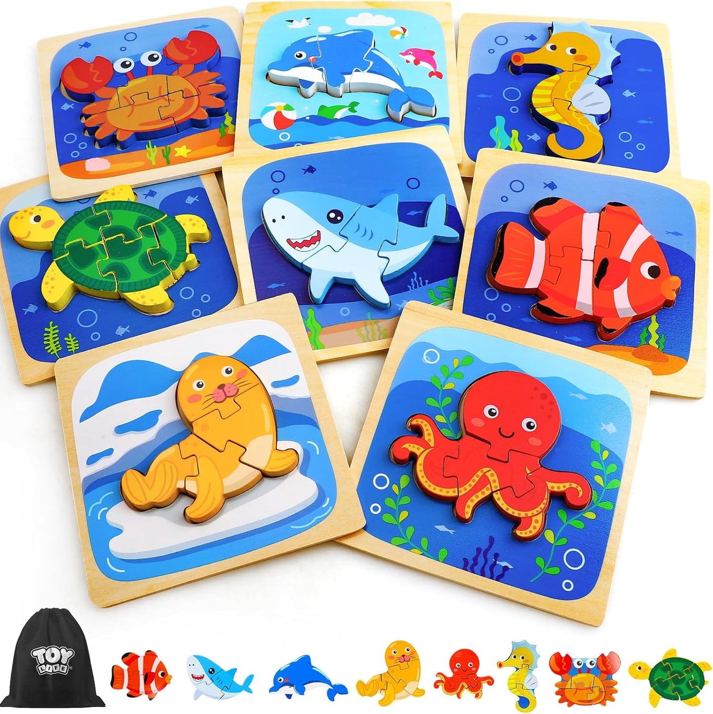 TOY Life Wooden Puzzles for Toddlers 2-4, Sea Animals Puzzles for Toddlers 1-3, Wood Puzzles Educational Montessori Toys Gifts for 1 2 3 Year Old, Baby Kids Learning Toy