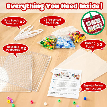 Rocollos Fuse Beads Pegboards Kit - Advent Calendar with 24 Element Designs & Ironing Paper for Kids, Girls, Family Craft Activities