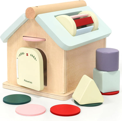 Pillowhale Montessori Wooden Toys Set for Toddlers 12M+ – 4-in-1 Educational Toy with Stacking Rings, Shape Sorter, Bead Maze & Push Car