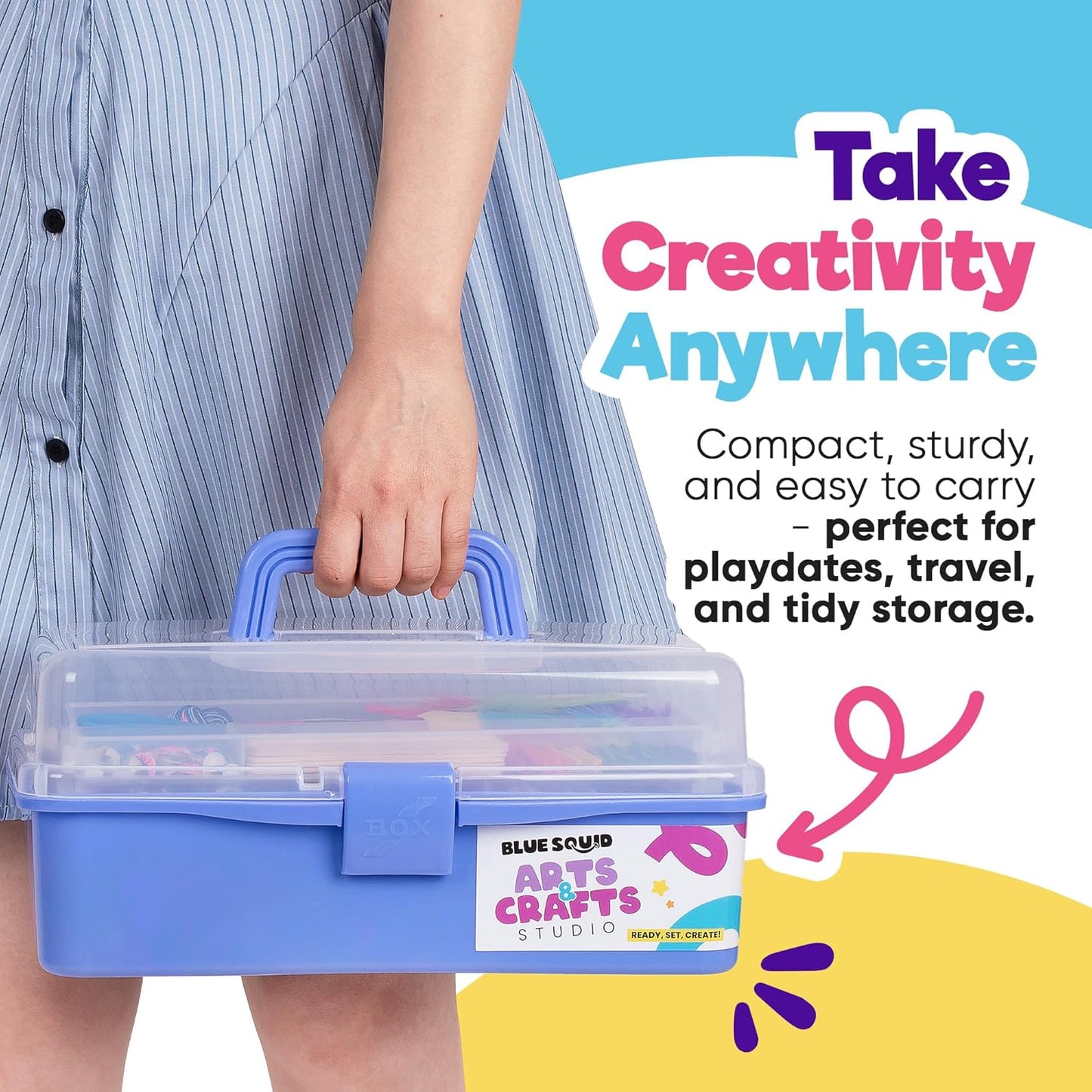 Blue Squid Arts & Crafts Box (Blue)- 2800+ pcs Deluxe Craft Supplies Box, 2 Drawers, 18 Compartments, Sturdy Handle - Art Crafting Kit Birthday Gifts for Kids, School Supply for Ages 4-12