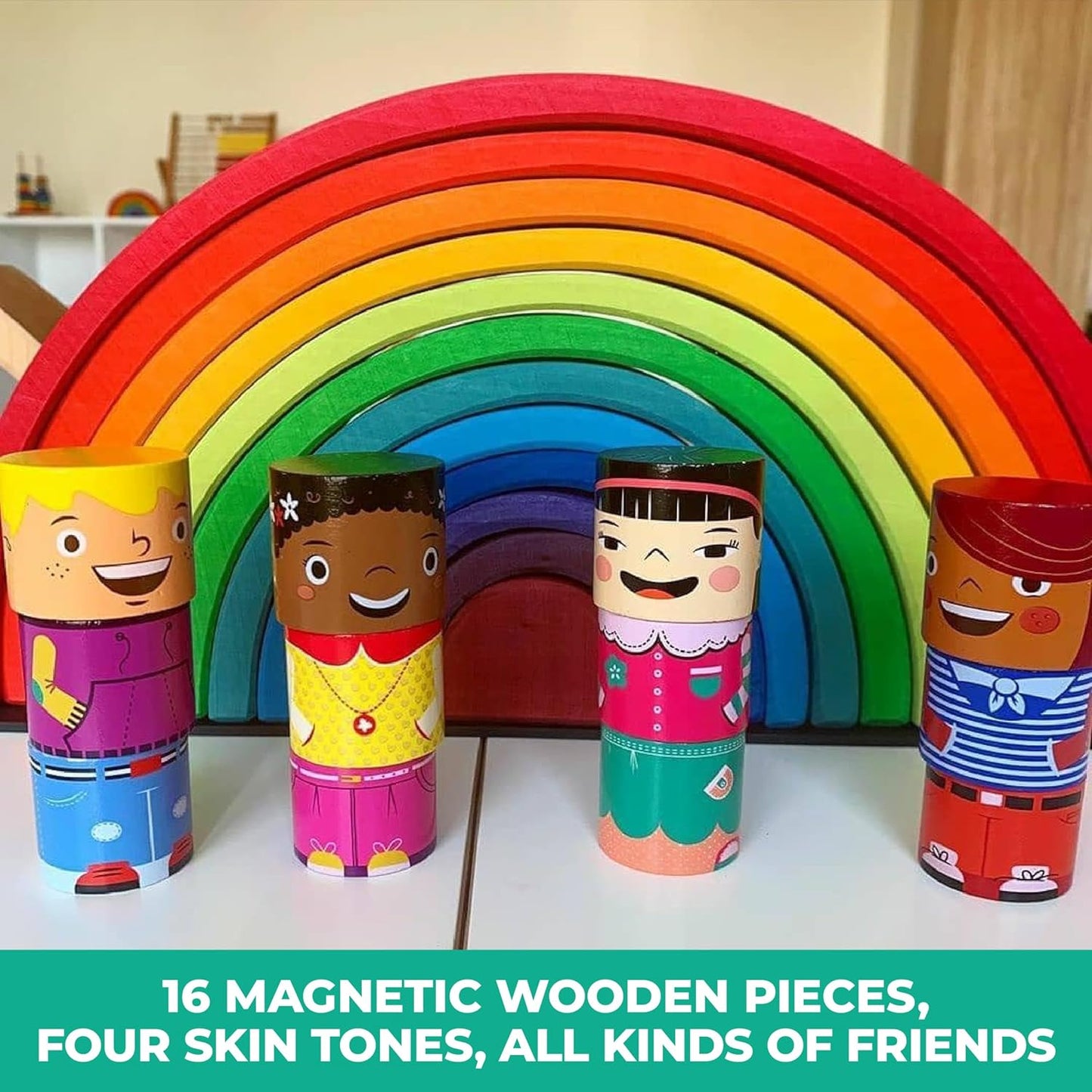 16-Piece Multiracial Magnetic Friends Play Set, Wooden Diversity Building Blocks for Kids, Multicultural Dolls for Creative Play & SEL Development – Ages 1+