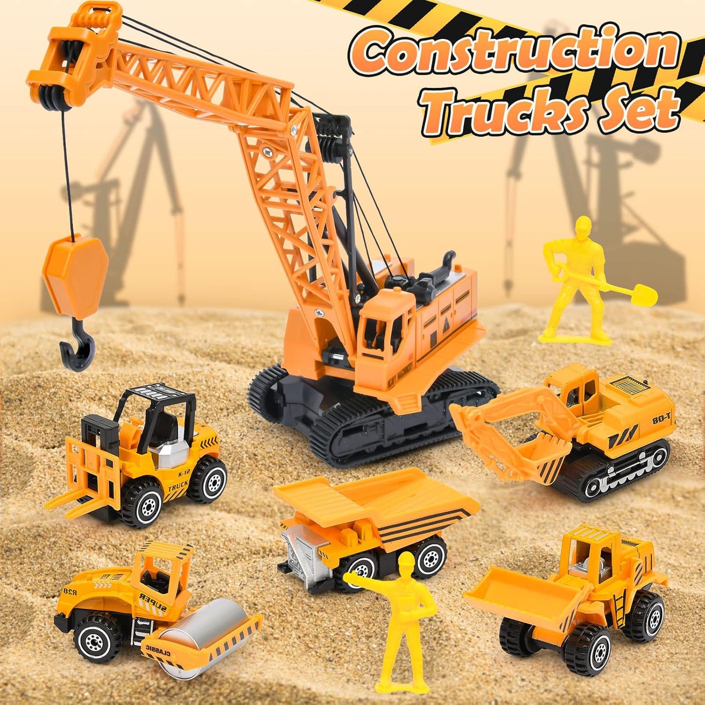 TUZT Kids Construction Sensory Bin Play Sand Kit Toys for Toddlers, Sandbox with 3.1lbs Sand & Large Tower Crane & 5 Trucks & 13 Signs & 14 Molds, Birthday for Toddler Boy 3-8 Years Old